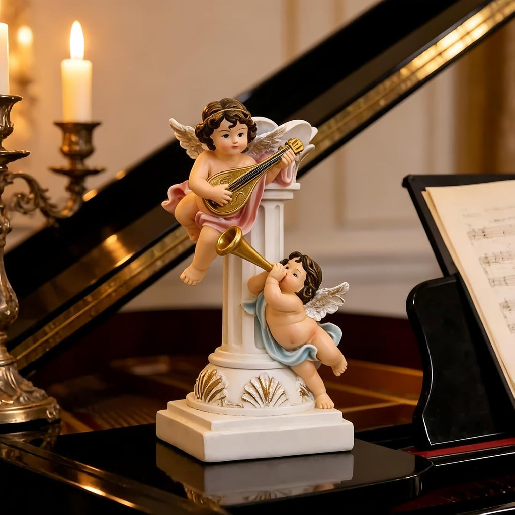 Musical Winged Cherub Resin Figurine