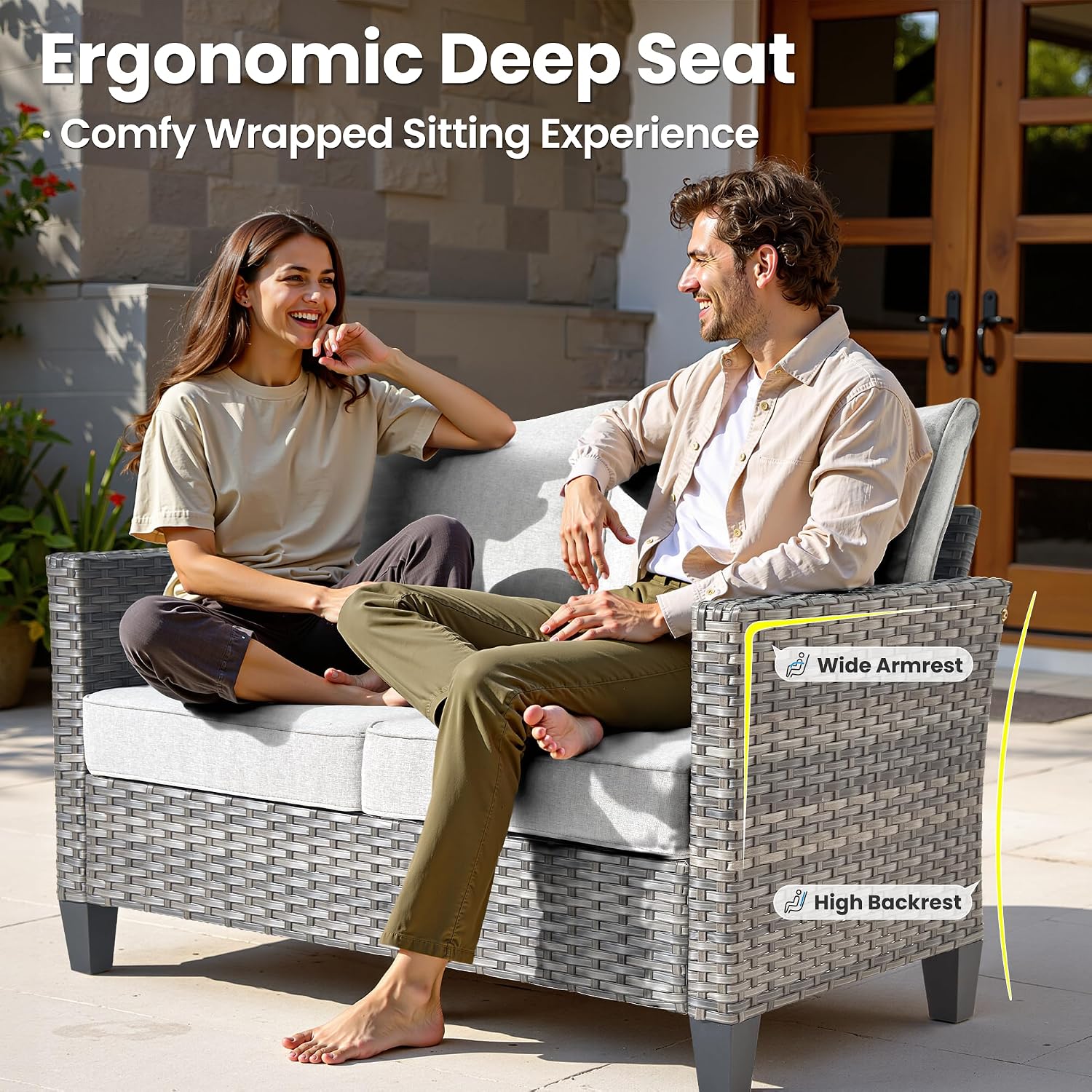High Back Rattan Cushioned Outdoor Loveseat