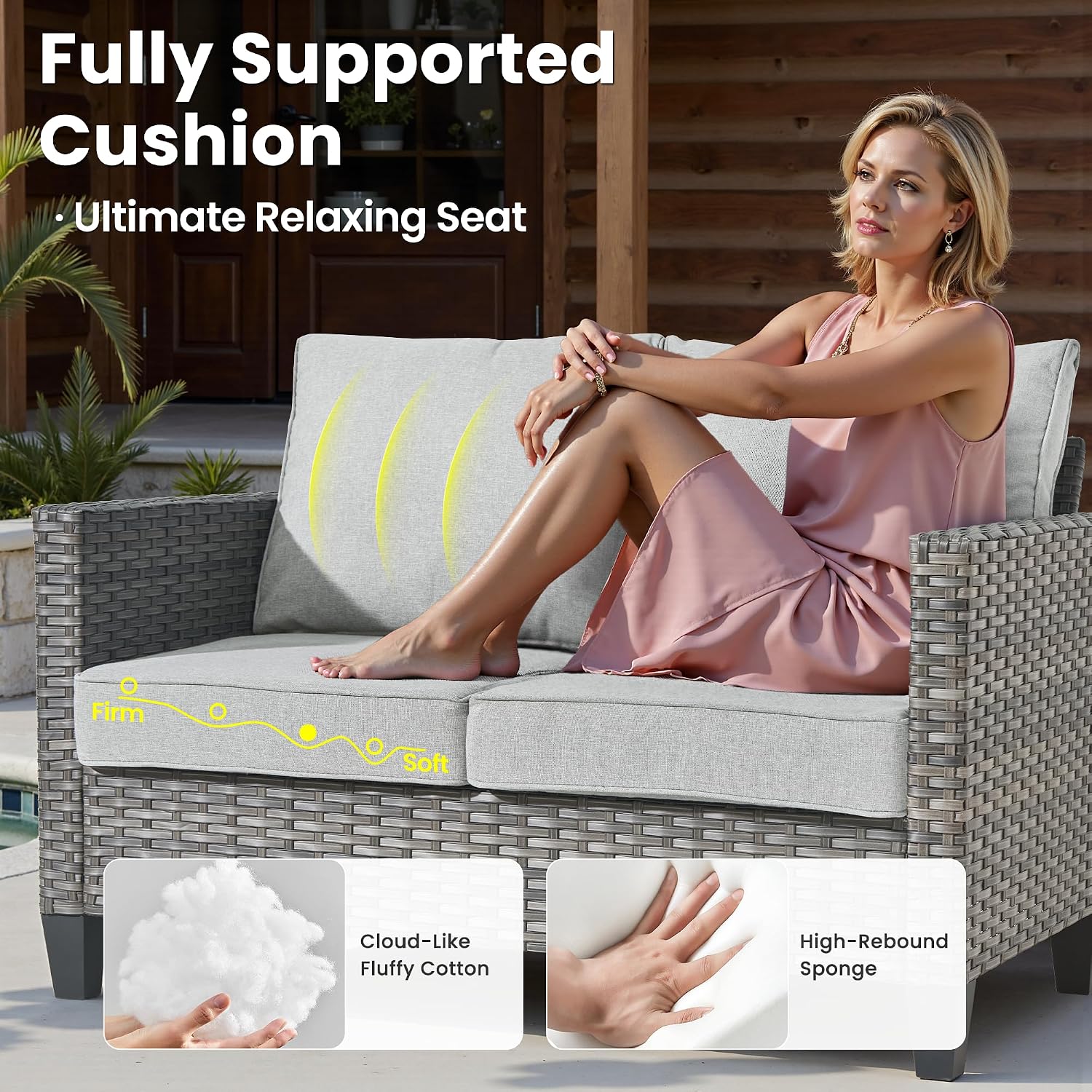 High Back Rattan Cushioned Outdoor Loveseat