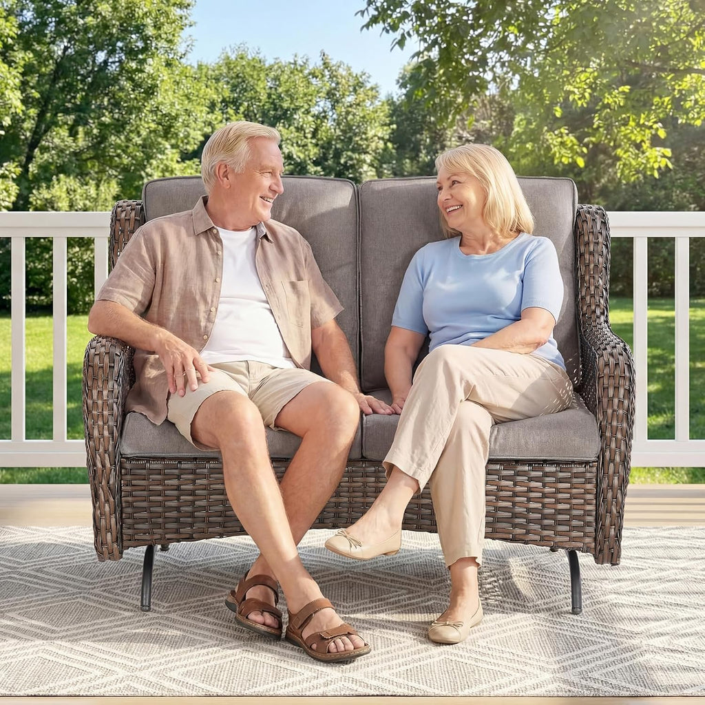 Thick Cushioned Wicker Outdoor Loveseat