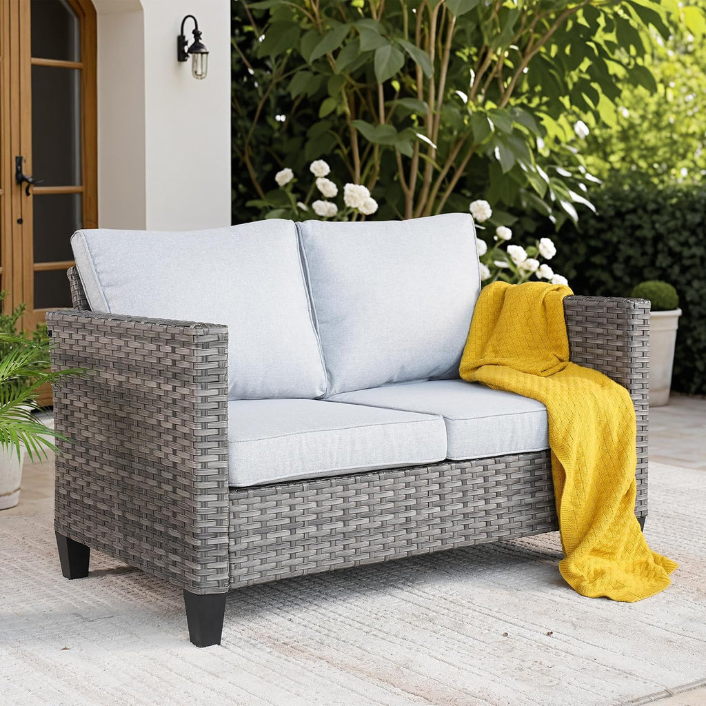 High Back Rattan Cushioned Outdoor Loveseat